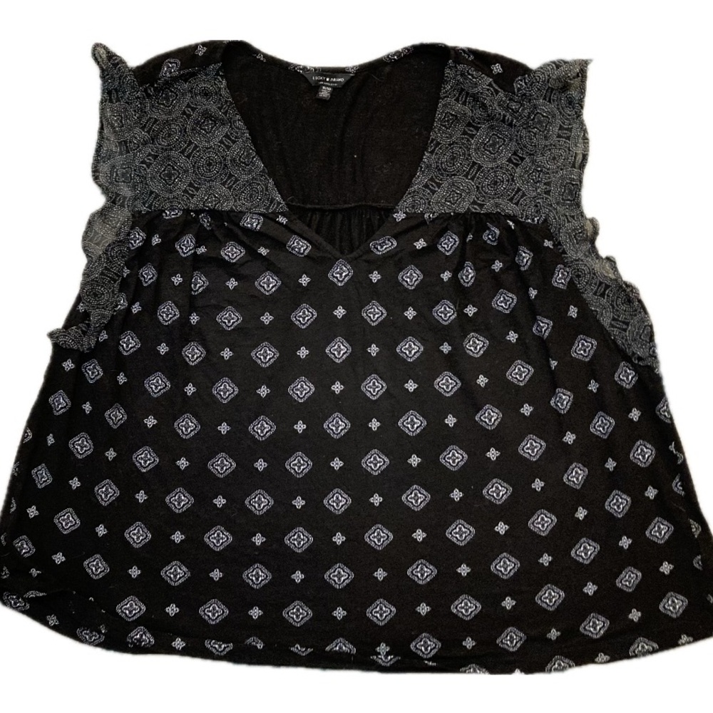 A25 Lucky Brand Womens Black White Top Flutter Sleeve Lace Cotton Blend Sz 1X
